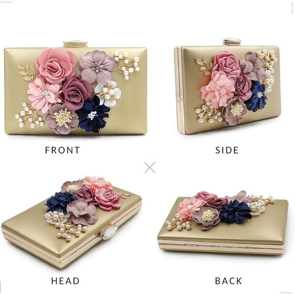 Women's Metal Leaves Flower Evening Bride Wedding Floral Clutch Bag - Picture 6 of 7